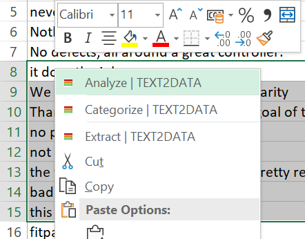 Excel analysis menu