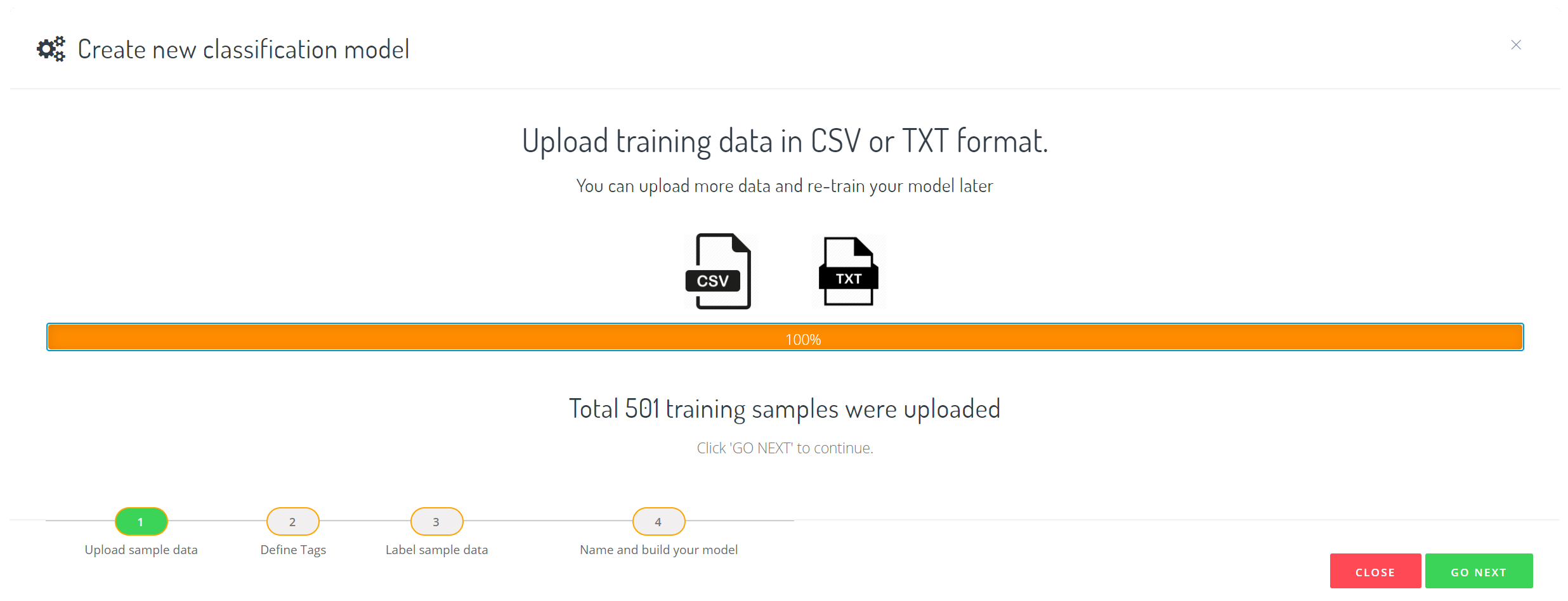 Custom Text Classification data upload