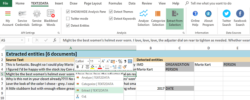 Custom Entity Extraction excel