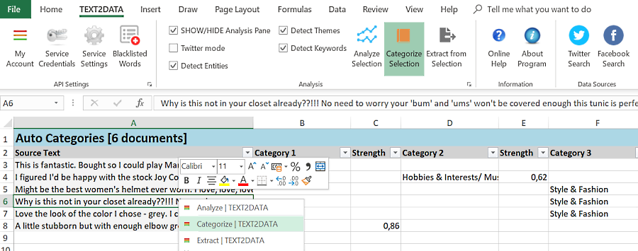 Custom Text Categorization excel